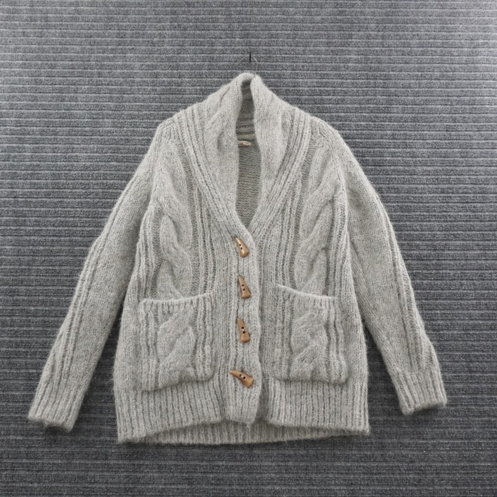 Faherty Cardigan Sweater Womens L Gray Superfine Alpaca Cable Knit Toggle